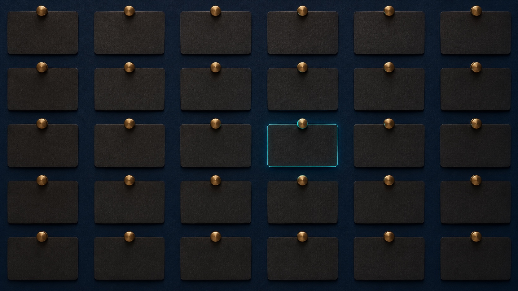 A frontal grid of plain dark membership cards, all warm-lit, with one card edged in cyan
